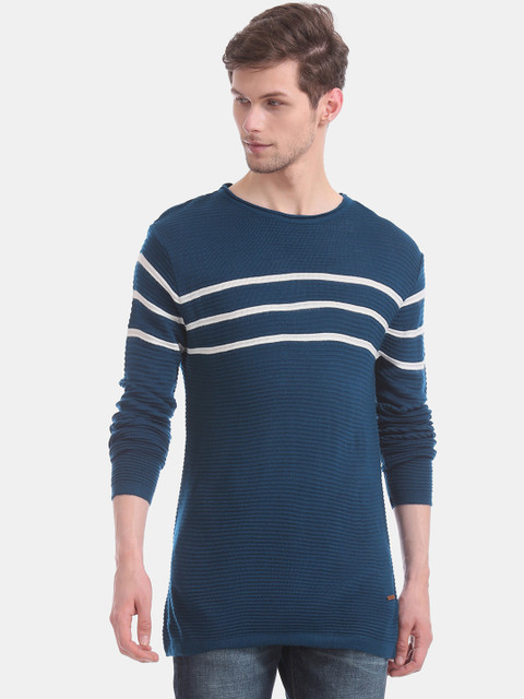 

Cherokee Men Navy Blue Striped Pullover Sweater