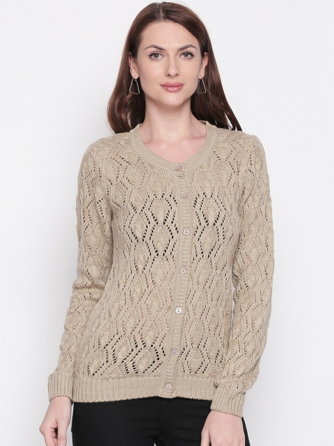

RANGMANCH BY PANTALOONS Women Beige Self Design Cardigan Sweater