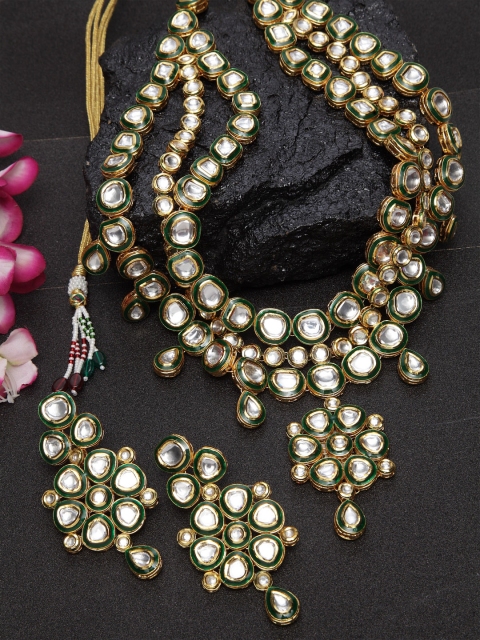 

DUGRISTYLE Gold-Plated Green Handcrafted Kundan Jewellery Set