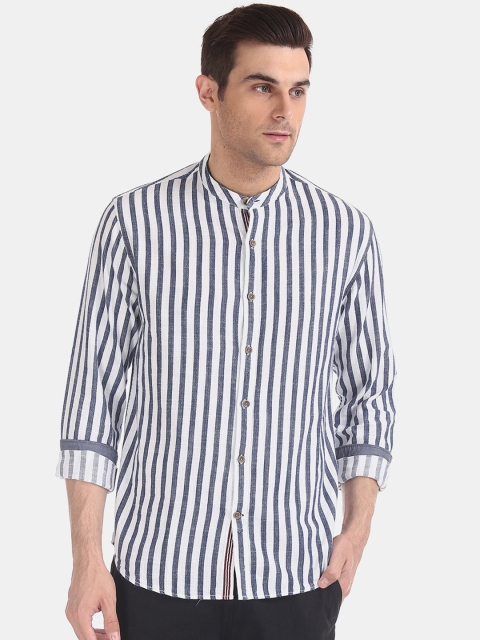 

Cherokee Men White & Navy Blue Regular Fit Striped Casual Shirt