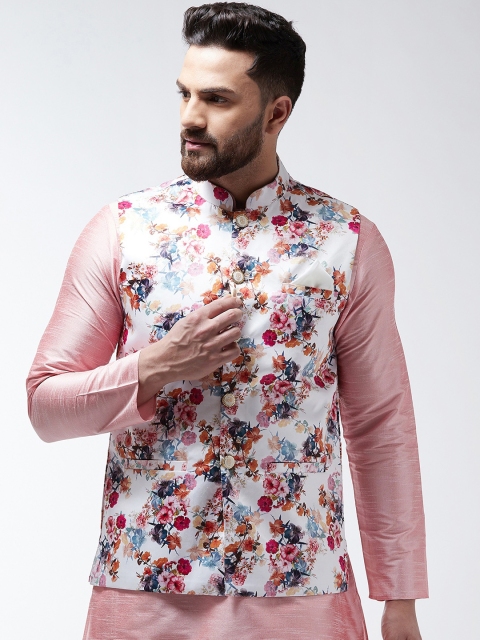 

I Know Men White & Red Printed Satin Nehru Jacket