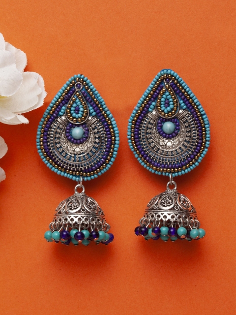 

Moedbuille Silver-Plated & Blue Filigree Dome Shaped Jhumkas