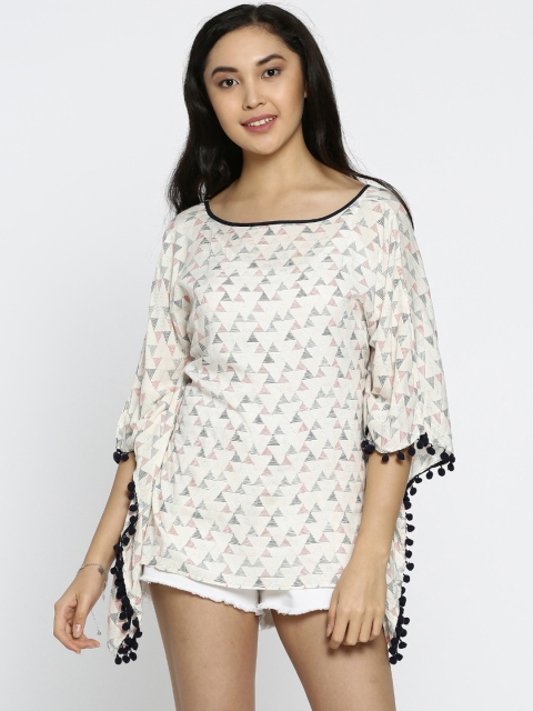 

The Kaftan Company Women Off White & Black Geometric Printed Kaftan Cover-Up Top