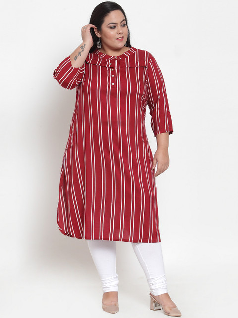 

plusS Women Maroon Striped Straight Kurta