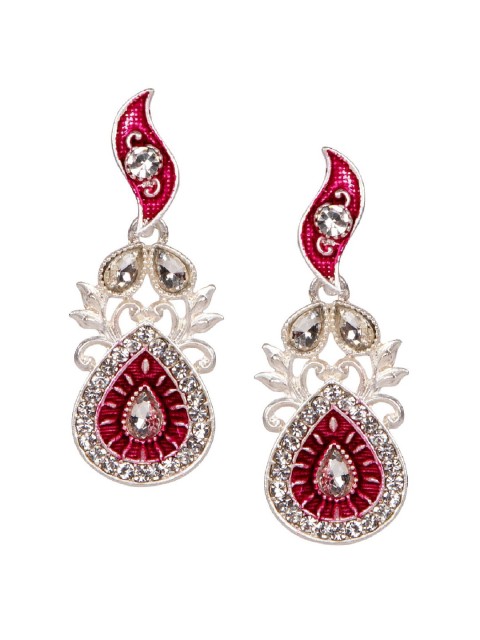 

ANIKAS CREATION Maroon & Silver-Plated Enamelled Classic Drop Earrings