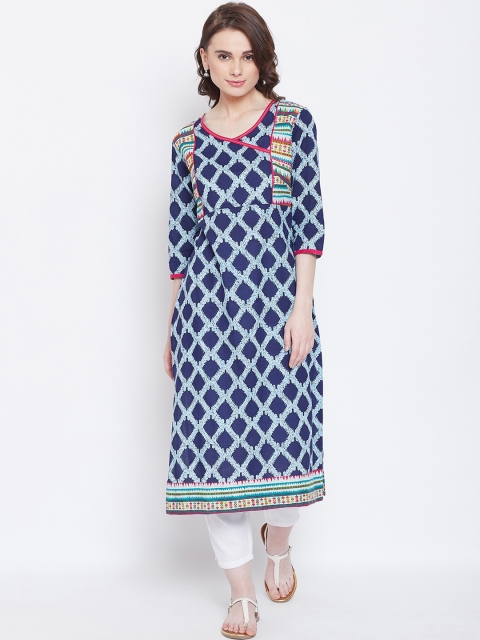 

AASK Women Navy Blue & Pink Printed A-Line Calf-Length Kurta