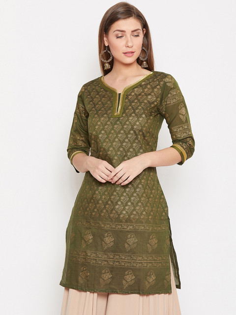 

AASK Women Olive Green & Gold-Toned Printed A-Line Kurta