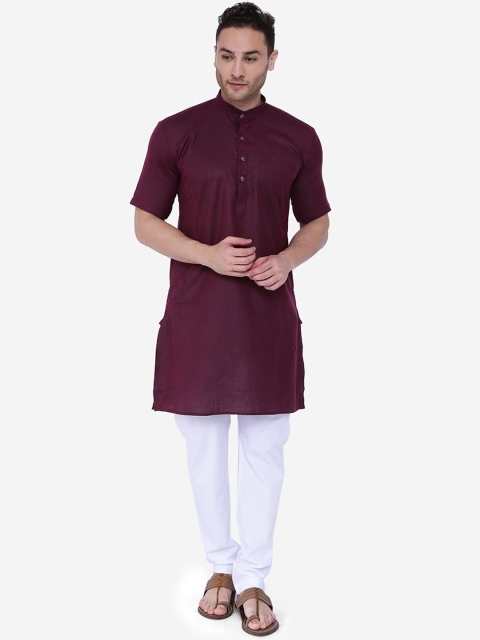 

RAJUBHAI HARGOVINDAS Men Burgundy Solid Cotton Silk Straight Kurta