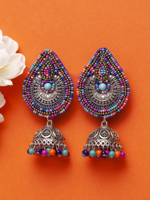 

Moedbuille Pink & Silver-Toned Classic Handcrafted Filigree Work Jhumkas