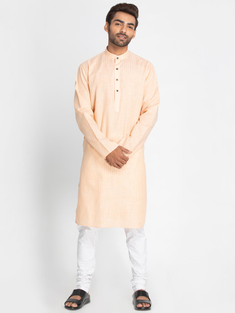 

Lakshya by Manish Men Peach-Coloured & Silver-Toned Striped Straight Kurta