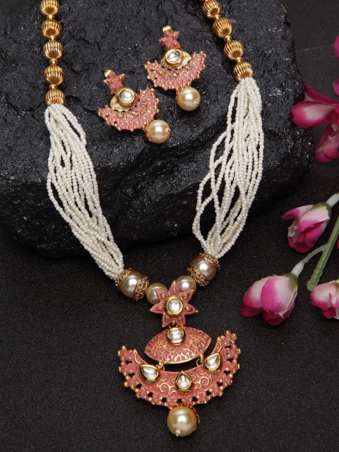 

DUGRISTYLE Gold-Plated Peach Coloured & White Artficial Stone & Pearl Studded Meena & Kundan Jewellery Set