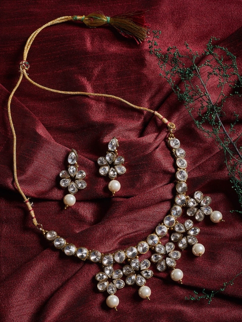 

ZeroKaata Gold-Plated & White Crystal Glass-Studded Handcrafted Necklace Set