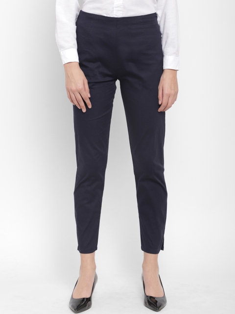 

Floret Women Navy Blue Slim Fit Solid Cigarette Trousers