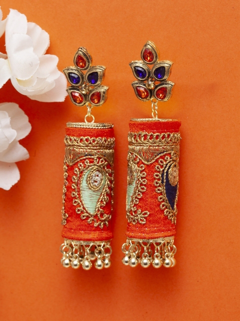 

Moedbuille Gold-Plated Orange & Blue Handwoven Dome Shaped Jhumkas