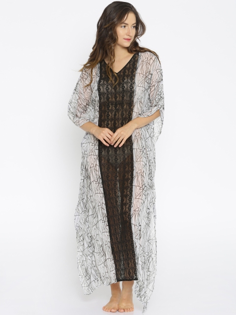 

The Kaftan Company Women Black & White Geometric Printed Semi-Sheer Long Kaftan Cover-Up Dress