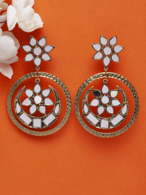 

Moedbuille Brass Plated Gold-Toned & Off-White Handcrafted Circular Drop Earrings