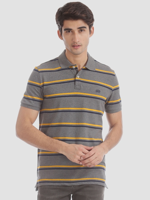 

GAP Men Grey & Yellow Striped Pique Polo Shirt
