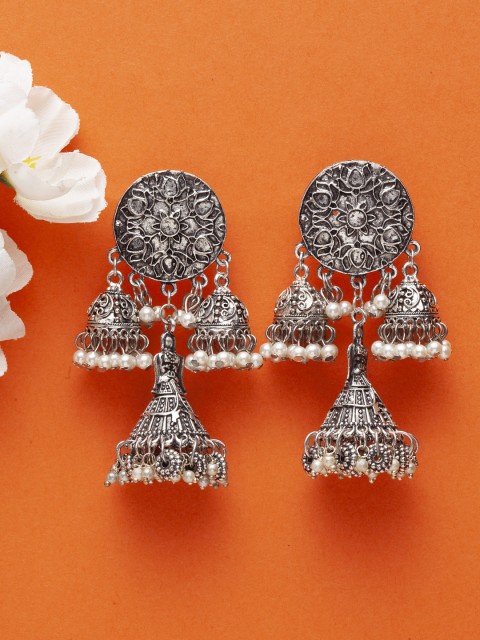 

Moedbuille Silver-Toned Dome Shaped Handcrafted Oxidised Jhumkas