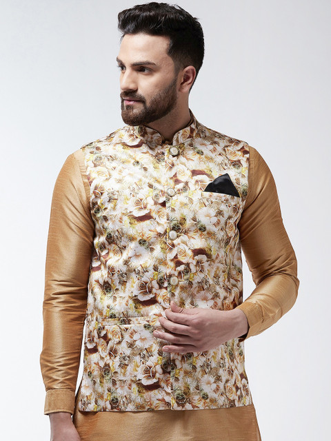

I Know Men Beige & Brown Printed Satin Nehru Jacket