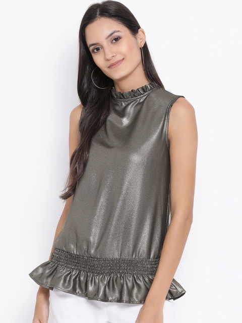 

Oxolloxo Women Silver-toned Solid Cinched Waist Top