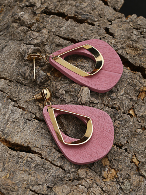 

ZeroKaata Gold-Toned & Pink Handcrafted Contemporary Drop Earrings