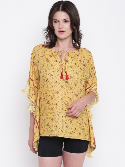 

The Kaftan Company Women Mustard Yellow & Red Floral Printed Kaftan Top