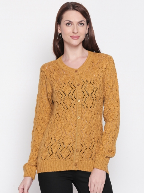 

RANGMANCH BY PANTALOONS Women Mustard Yellow Self Design Cardigan Sweater