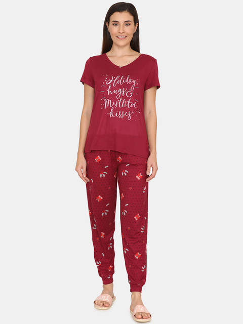 

Zivame Women Maroon Printed Night Suit