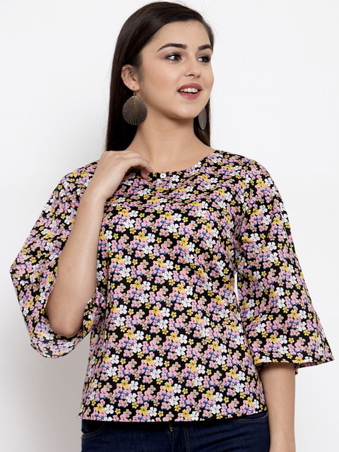 

Ayaany Women Black & Pink Floral Print Pure Cotton Top