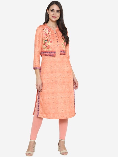 

Laabha Women Peach-Coloured Printed Straight Kurta