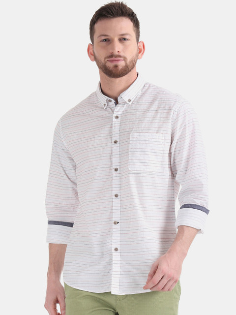 

Cherokee Men White & Blue Regular Fit Striped Casual Shirt