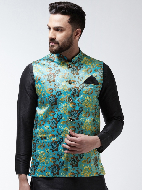 

I Know Men Turquoise Blue & Yellow Printed Satin Nehru Jacket