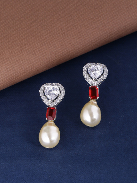 

Shoshaa Silver-Plated & Red CZ-Studded Contemporary Drop Earrings