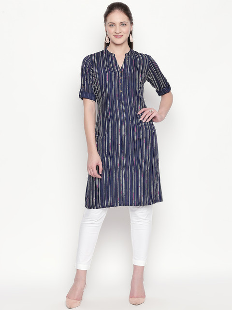 

RANGMANCH BY PANTALOONS Women Navy Blue Striped Straight Kurta