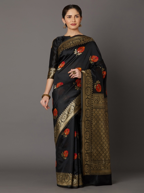 

Mitera Black & Orange Silk Blend Woven Design Kanjeevaram Saree
