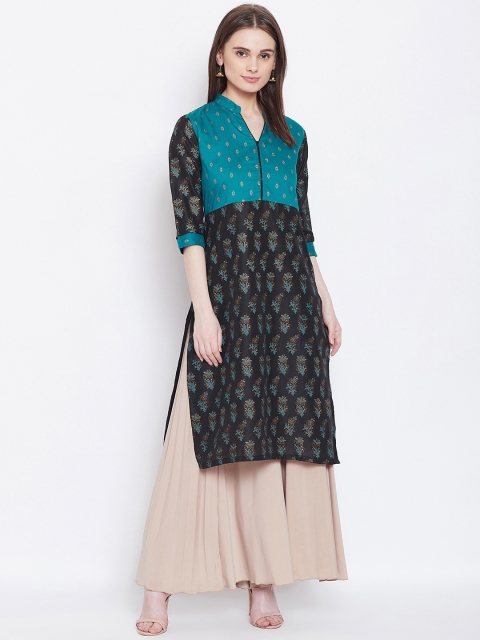 

AASK Women Teal Blue & Black Printed Straight Kurta
