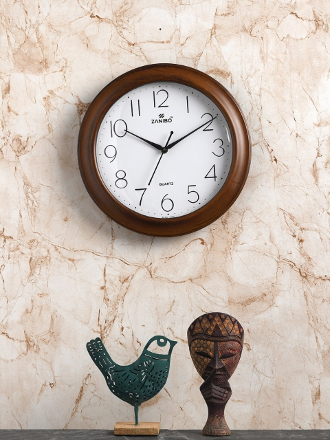 ZANIBO Coffee Brown & White Round Solid 30 cm Analogue Wall Clock