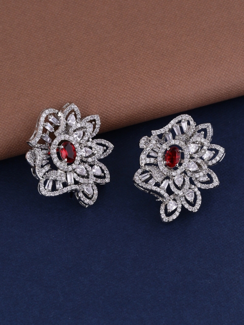

Shoshaa Silver-Plated & Red CZ-Studded Floral Studs