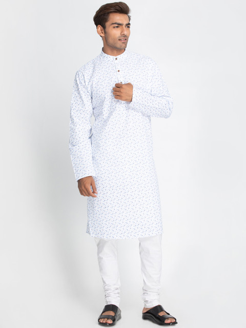 

Lakshya by Manish Men White & Blue Printed Straight Kurta