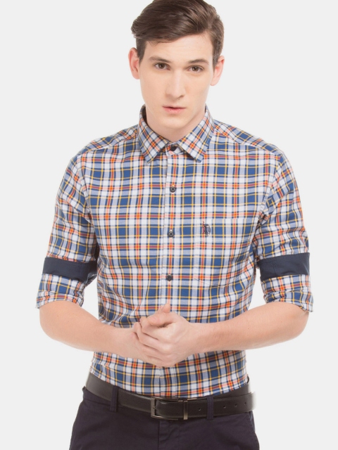 U.S. Polo Assn. Men Beige & Blue Regular Fit Checked Casual Shirt