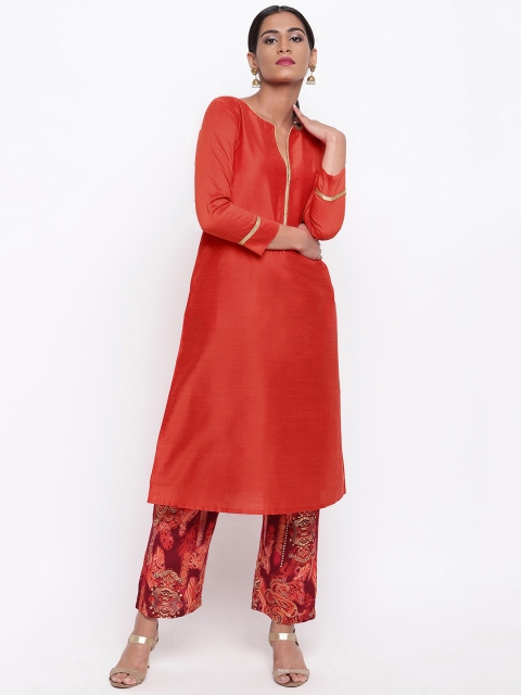 

trueBrowns Women Orange & Maroon Solid Kurta with Palazzos