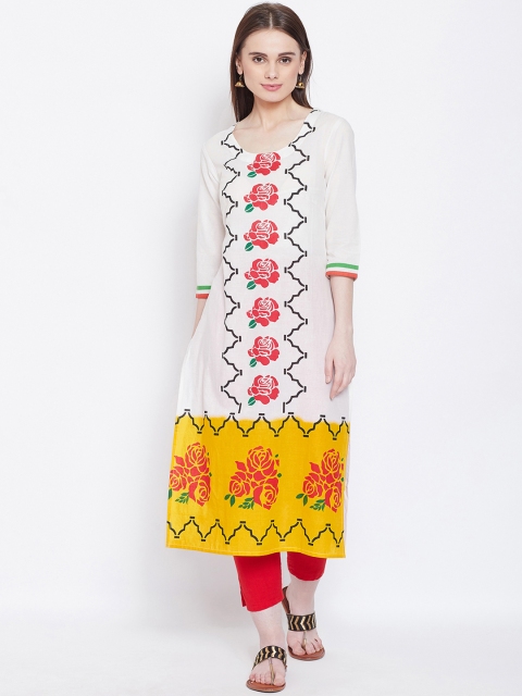 AASK Women White & Red Floral Printed Calf-Length Straight Kurta