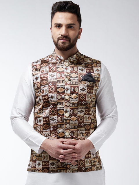 

I Know Men Brown & White Printed Satin Nehru Jacket