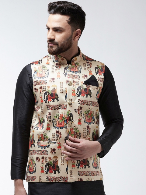 

I Know Men Beige & Red Printed Satin Nehru Jacket