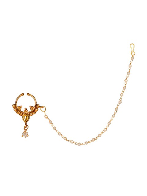 

ANIKAS CREATION Gold-Plated Off White Beaded Traditional Bridal Nose Ring With Chain