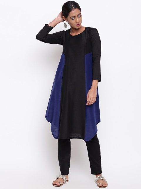 trueBrowns Women Black & Blue Colourblocked Kurta with Trousers
