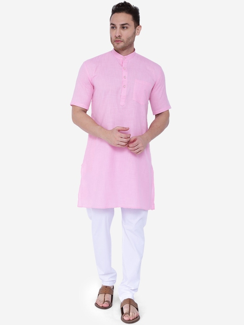 

RAJUBHAI HARGOVINDAS Men Pink Solid Cotton Silk Straight Kurta