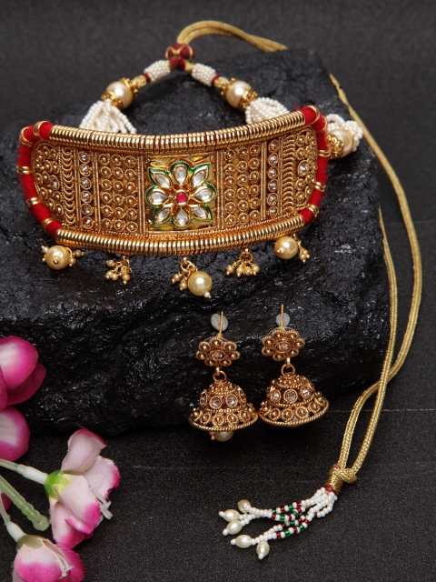

DUGRISTYLE Gold-Plated Red & Green Artificial Stone & Bead Embellished Handcrafted Jewellery Set
