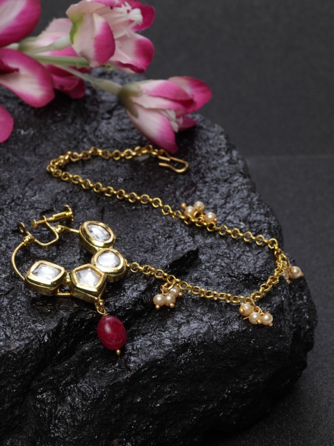 

DUGRISTYLE Gold-Plated Maroon Stone Studded Traditional Kundan Bridal Nose Ring With Chain