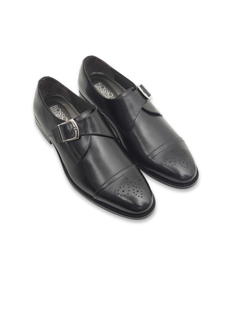 

ROSSO BRUNELLO Men Black Solid Leather Formal Monks